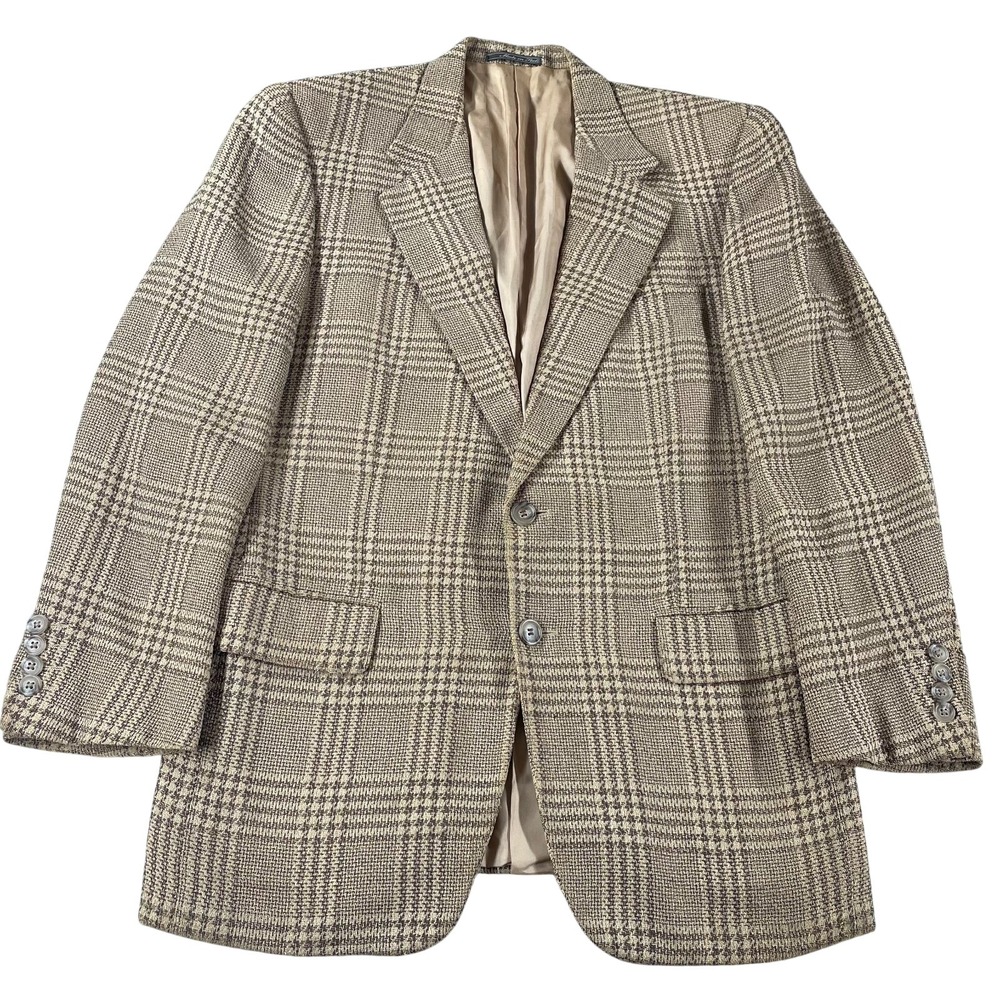 Corneliani Saks Fifth Avenue Mens 46R Wool Silk Glen Plaid Blazer Sport Coat Tan